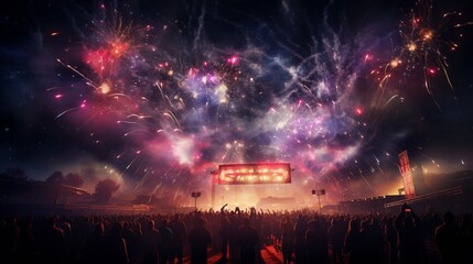 fireworks light up the night sky, adding to the magic of the DJ's music on new year's night.