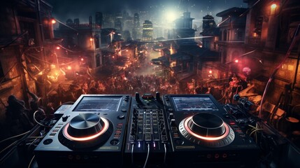 On a digital street, the DJ's music unites souls in celebration on new year's night.