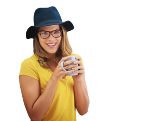 Woman, portrait and coffee with fashion and modern style with mug and hot drink with smile. Happy, female person and tea mug or latte with hipster clothes isolated on a transparent, png background