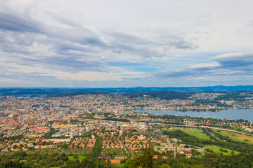 Aerial panorama of Zurich city and Lake Zurich from the Uetliberg mountain, Switzerland