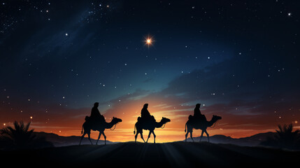 The three Biblical Wise Men going to Bethlehem to see the birth of the baby Jesus of Nazareth - obrazy, fototapety, plakaty