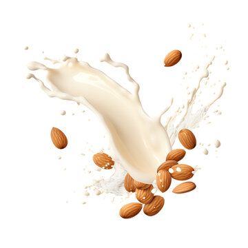 Milk splash with almonds isolated on transparent background