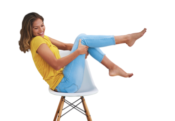 Happy, relax and woman sitting on chair, care free and enjoy weekend relaxation, fashion clothes or rest on furniture. Happiness, casual and excited person isolated on transparent, png background