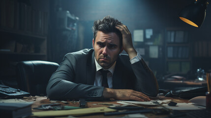 Stressed Businessman at Desk - obrazy, fototapety, plakaty