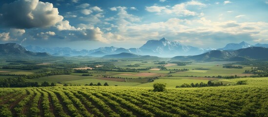 Fototapeta premium The view from the top reveals a breathtaking landscape with vast fields of cultivated soil showcasing the beauty and bounty of nature in agricultural growth on the farmland