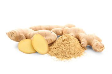 Fresh ginger root and dried powder on white background