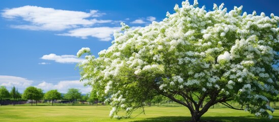 In a serene summer garden an isolated Lonicera tree stands tall against the vivid blue sky its lush green leaves framing the elegant white flowers adding a touch of floral beauty to the nat