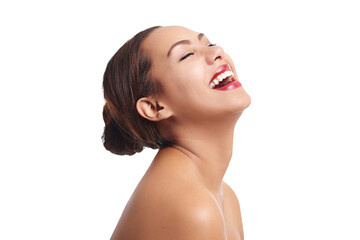 Laughing, red lipstick and woman with beauty, cosmetics and skin glow from makeup of a happy model....