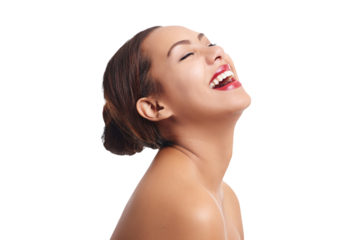 Laughing, red lipstick and woman with beauty, cosmetics and skin glow from makeup of a happy model. Skincare, smile and confidence of a female person isolated on a transparent, png background