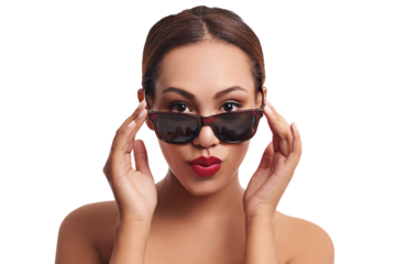Sunglasses, red lipstick and woman portrait with beauty and skincare with confidence. Makeup, cosmetics and female person with edgy and fashion glasses isolated on a transparent, png background