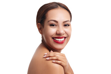 Makeup, lipstick and portrait of woman with cosmetics products on isolated, png and transparent...