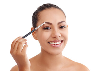 Happy, woman and makeup with eyebrow brush with skincare and cosmetics for skin glow. Smile, female person and brow shape and face care with beauty tool isolated on a transparent, png background