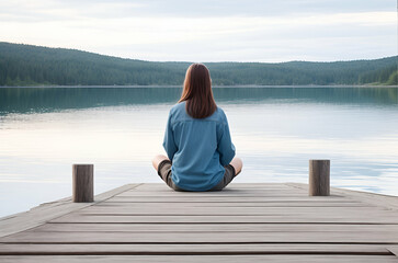 Fototapeta premium Young woman meditating on a wooden pier on the edge of a lake to improve focus