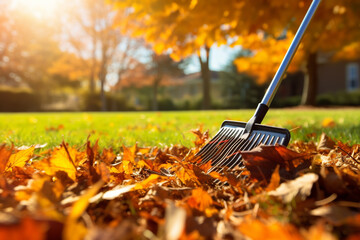 The photoshoot of a person is using the stainless garden rake to sweep and clean orange and brown autumn leaves in the garden. Generative AI. - obrazy, fototapety, plakaty