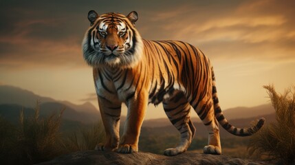 Tiger panthera tigris standing on beautiful nature background