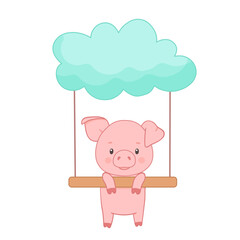 Cute piglet character on cloud. Hand drawn vector illustration isolated on white background. Funny Farm animal for kids