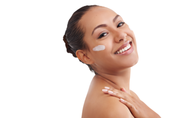 Cream, portrait smile and woman with beauty lotion for facial hydration, collagen care or cosmetics glow. Face skincare, anti aging routine and person with moisturiser on transparent, png background