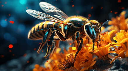 A bee on a flower close up - obrazy, fototapety, plakaty