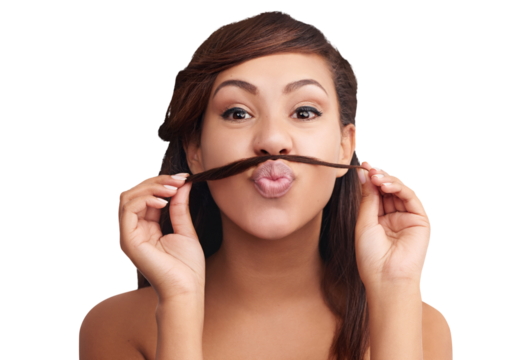 Hair moustache, pucker and portrait of woman with funny emoji expression, clean haircut or shampoo treatment. Face, spa salon or person with straight hairstyle isolated on transparent, png background