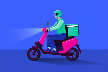 courier delivery partner riding a motorcycle with delivery box