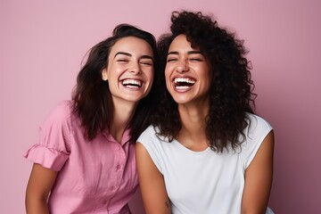 African American woman smiles widely showing teeth alongside European girl friend. Cheerful best friends laugh together posing for photo. Young women of different races support each other - obrazy, fototapety, plakaty