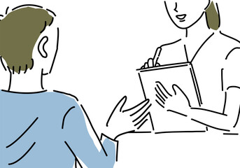 相談する男性とカルテを作成するスタッフ