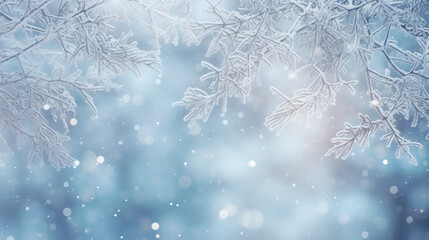 Winter blurred background with snowfall and frosted spruce brunches - obrazy, fototapety, plakaty