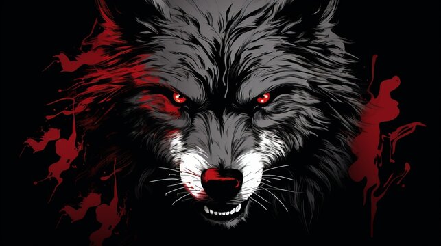 wolf staring into the camera with angry red eyes and showing its teeth, 16:9