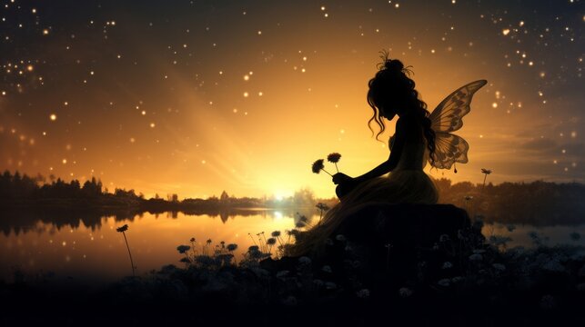silhouette of a fairy sitting on a flower under the moonlight, copy space, 16:9