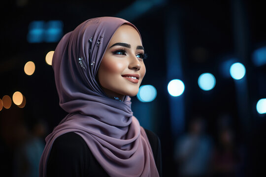 Beautiful woman in hijab on blur lights background