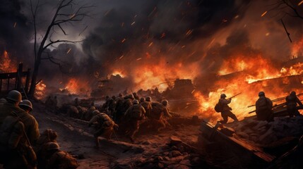 illustration battle scenes ww2, world war 2, copy space, 16:9 - obrazy, fototapety, plakaty