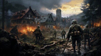 illustration battle scenes ww2, world war 2, copy space, 16:9 - obrazy, fototapety, plakaty