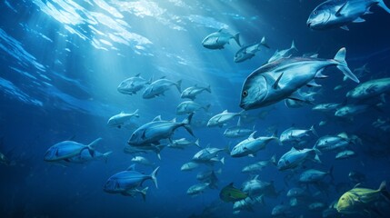 capture a school of fish swimming in harmongy in the depths of the ocea, copy space, 16:9