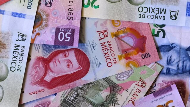 new bank notes of mexican peso background. 20, 50, 100, 200, 500 pesos