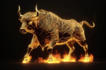 Foto auf Acrylglas Antireflex Angry gold bull with fire on black background. Bull statue Wildlife Animals. © yod67