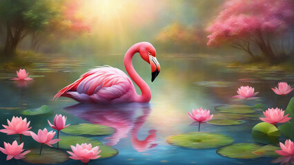 A pink flamingo in water surrounded by pink lotus flowers.	 - obrazy, fototapety, plakaty