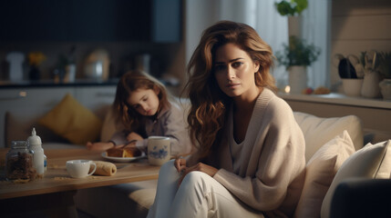 young Tired woman sitting on the sofa