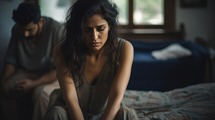 Young indian woman in stress at home - obrazy, fototapety, plakaty