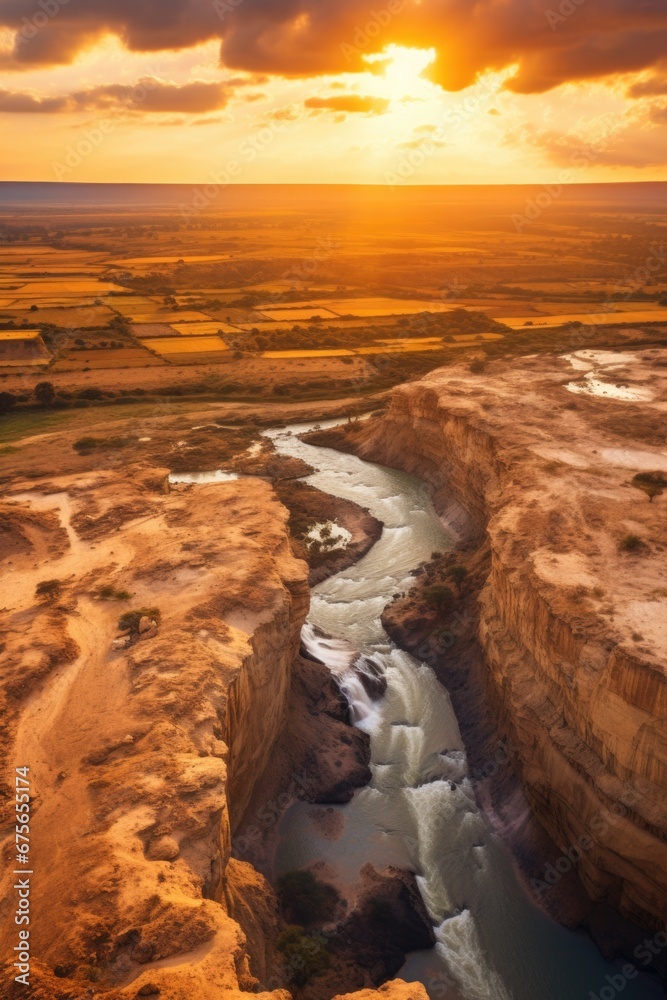 Poster a picturesque scene of the sun setting over a beautiful canyon with a river flowing through it. perf