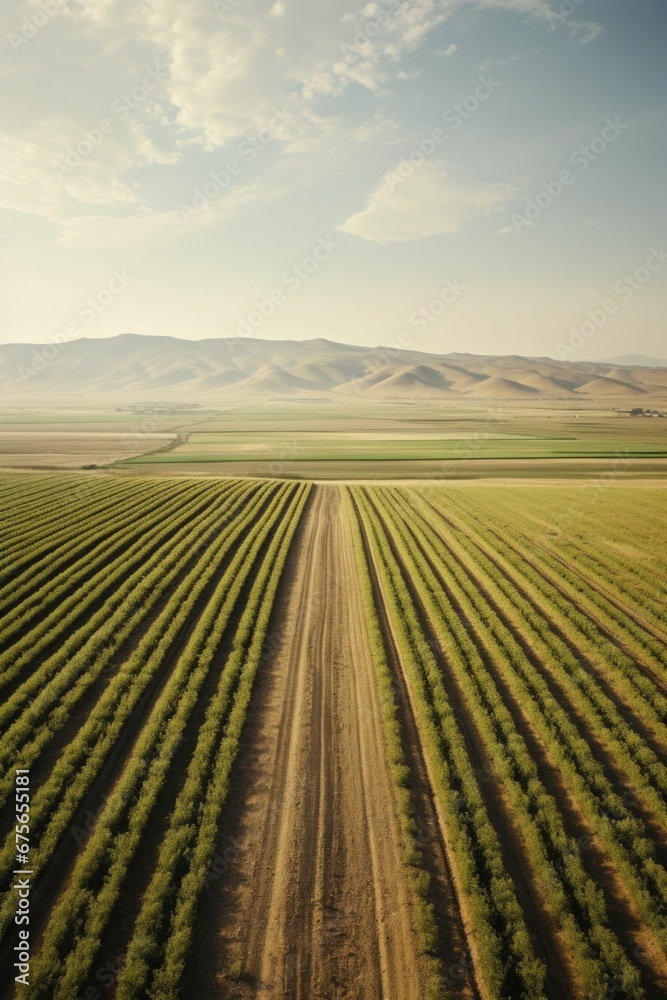 Poster An aerial view of a field filled with crops. This image can be used to showcase agricultural practices or the beauty of nature.