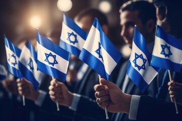 A group of men dressed in suits proudly holding Israeli flags. This image can be used to represent patriotism, national pride, or support for Israel. - obrazy, fototapety, plakaty