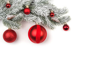 snow-covered fir branch with red balls on a white background