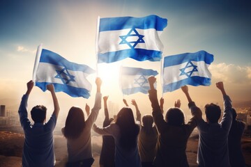 A group of people holding both Israeli and Israeli flags. This image can be used to represent patriotism, national pride, or support for Israel.