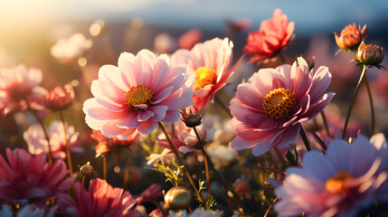 Flower field in sunlight, spring or summer garden background in closeup macro