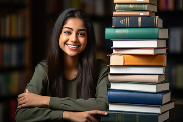 young indian female student with stack of books