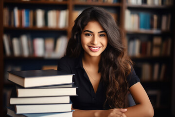 young indian female student with stack of books