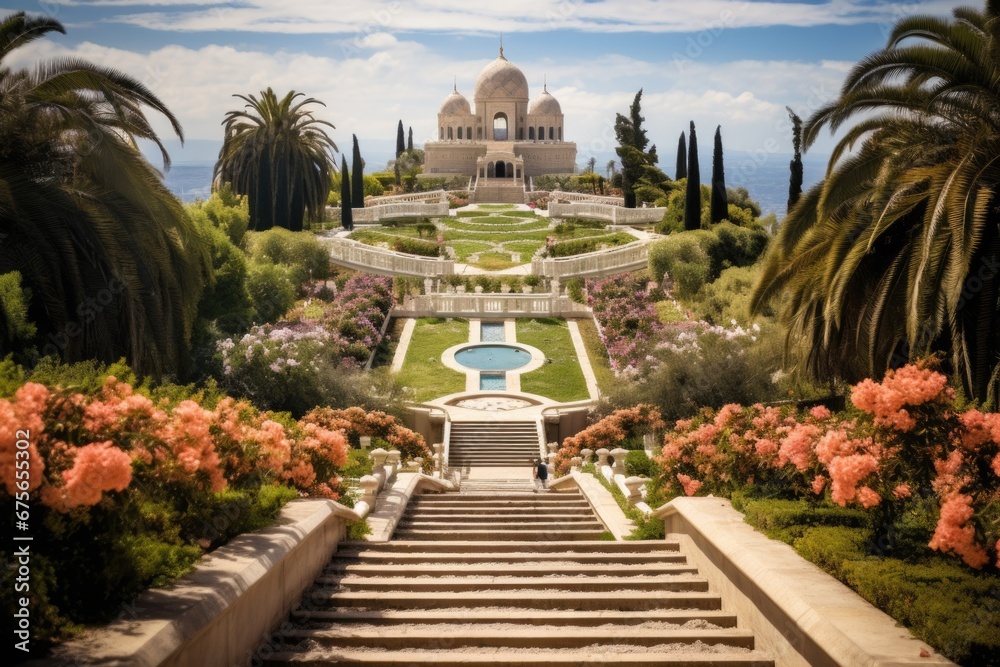 Poster a view of a garden with stairs leading up to a building. this image can be used to depict a peaceful