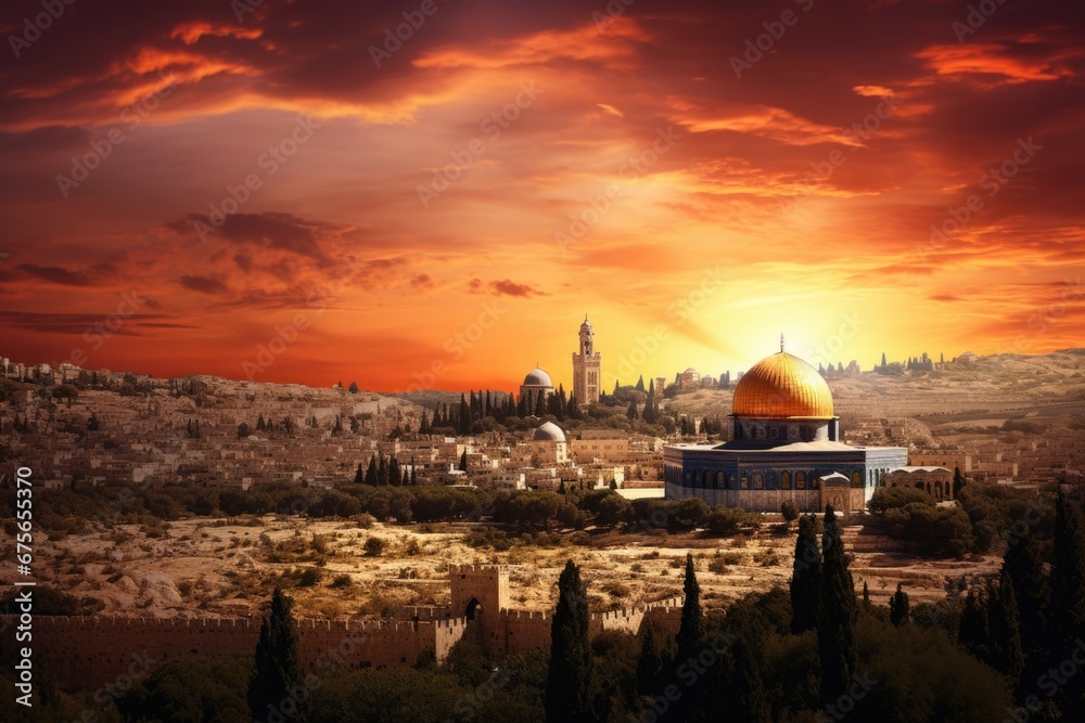 Poster a beautiful sunset over a cityscape. this picture captures the vibrant colors of the sky as the sun 