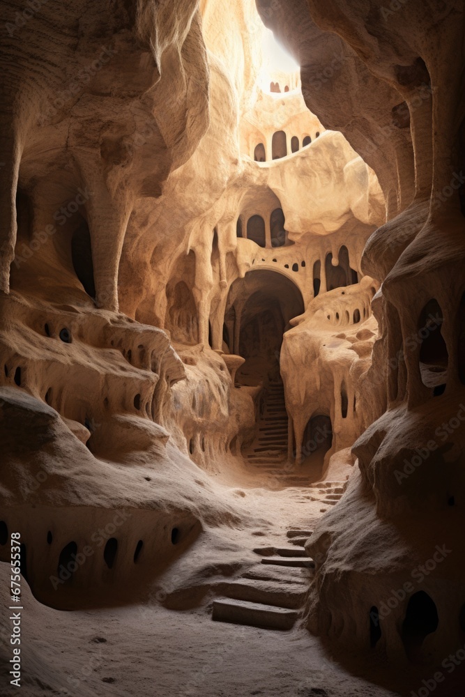 Aufkleber a cave with a staircase leading to a cave-like structure. this image can be used to depict explorati