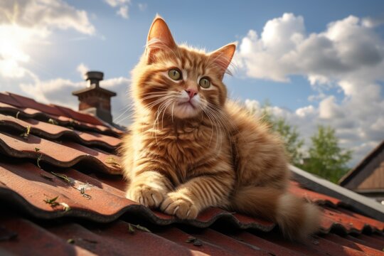 An orange cat is seen sitting on top of a roof. This image can be used to depict a curious or independent feline exploring its surroundings.